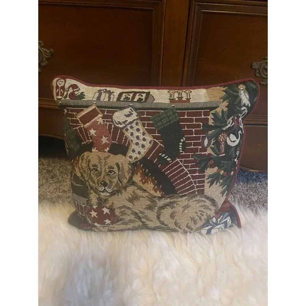 Needlepoint Christmas Accent Pillow Dog in front of Fireplace 12 Inch